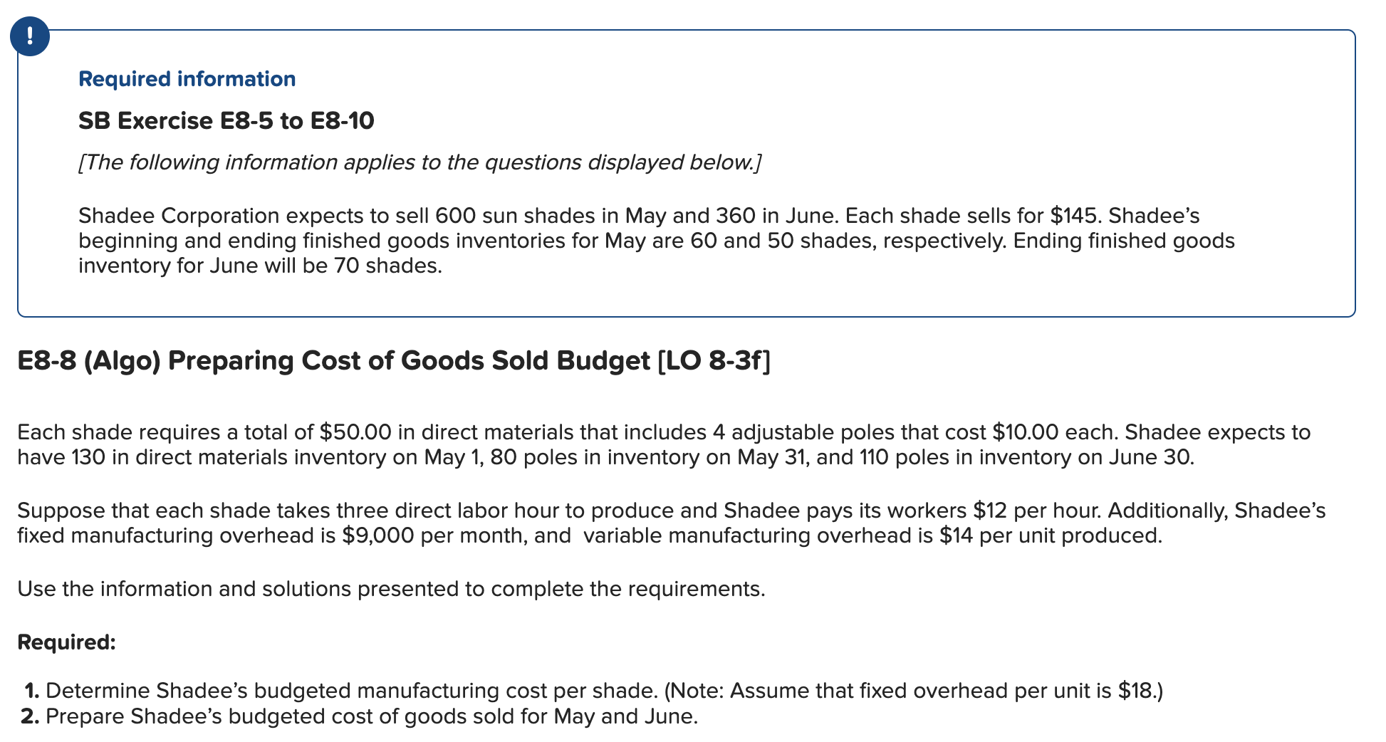 Required information SB Exercise E8-5 to E8-10 [The following information applies