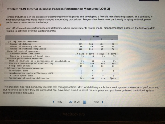  Use info to answer questions below Problem 11-19 Internal Business Process