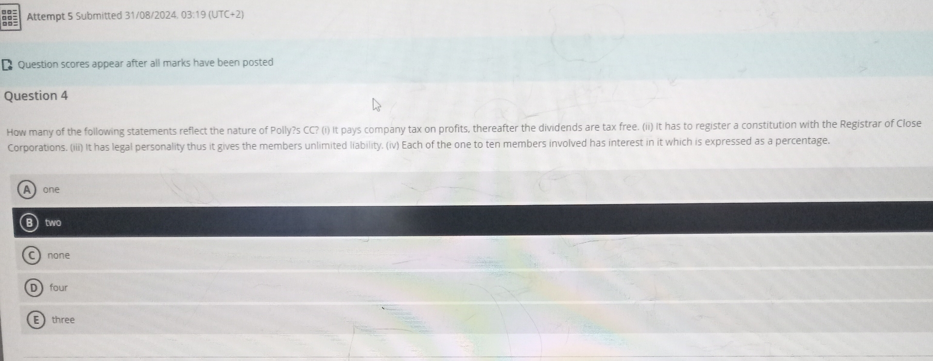  Attempt 5 Submitted 31/08/2024,03:19(UTC+2) Question scores appear after all marks have
