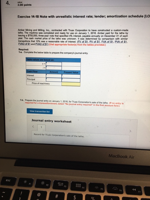  2.00 points Exercise 14-18 Note with unrealistic interest rate; lender; amortization