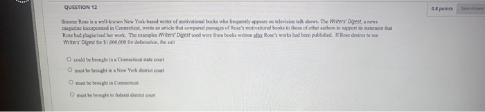  QUESTION 12 0.3 points Sove Answer Simone Rose is a well-known