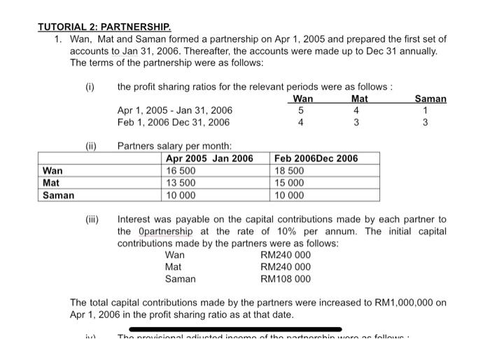 TUTORIAL 2: PARTNERSHIP. 1. Wan, Mat and Saman formed a partnership