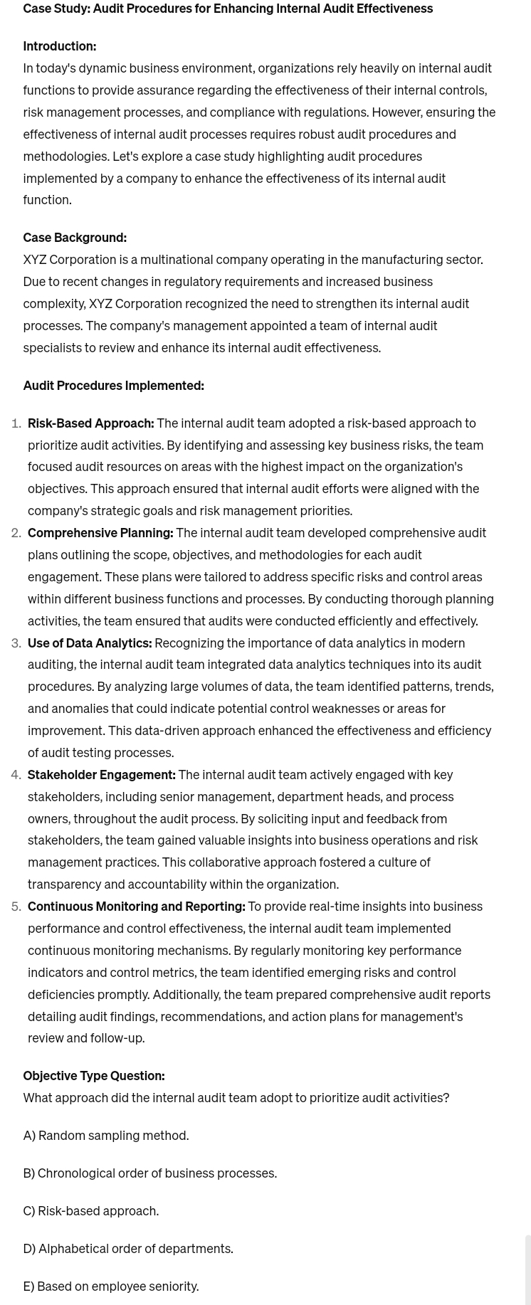  Case Study: Audit Procedures for Enhancing Internal Audit Effectiveness Introduction: In