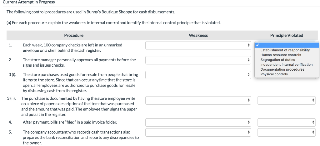 Bunny's Boutique Shoppe for cash disbursements. (a) For each procedure, explain the