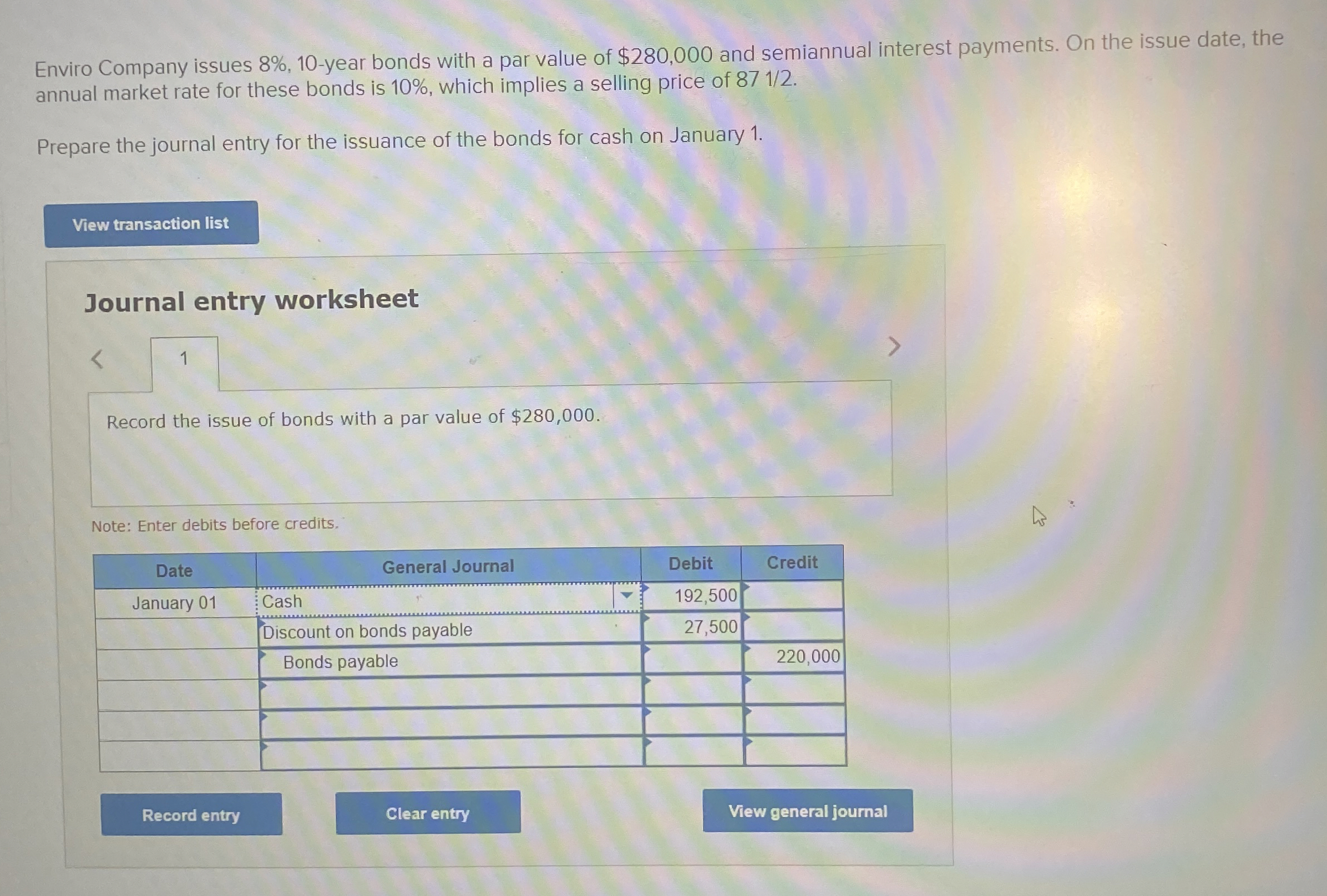  Enviro Company issues 8%,10-year bonds with a par value of $280,000