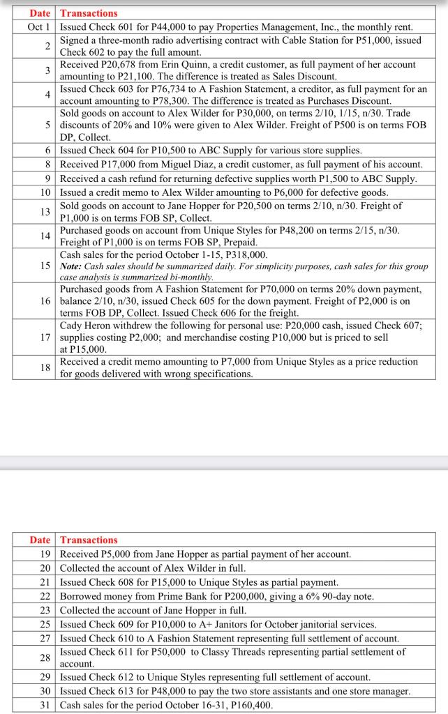 Requirement: Journalize the transactions 4 Date Transactions Oct 1 Issued Check 601