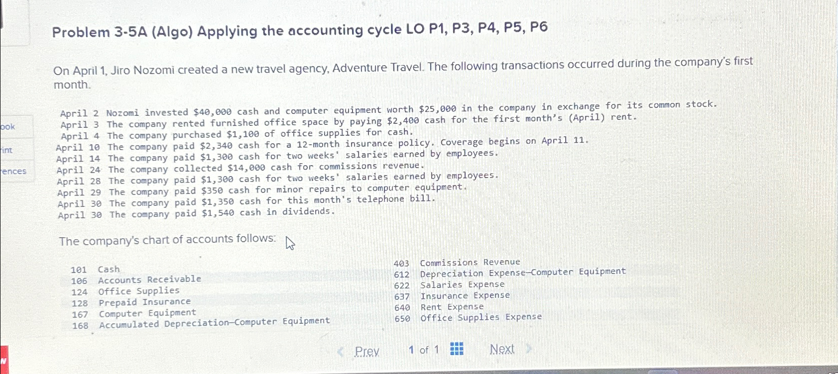  Problem 3-5A (Algo) Applying the accounting cycle LO P1, P3, P4,