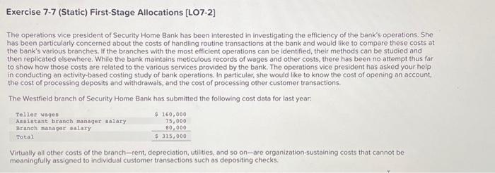 solve thanks Exercise 7-7 (Static) First-Stage Allocations [LO7-2] The operations vice president