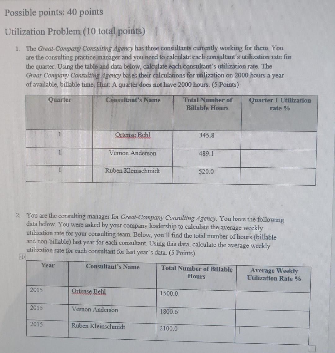  Please provide all the workings. Possible points: 40 points Utilization Problem