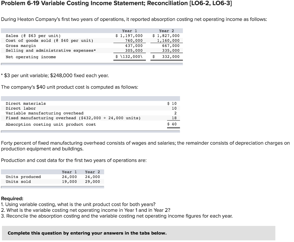 Help solve Problem 6-19 Variable Costing Income Statement; Reconciliation [LO6-2, LO6-3] During