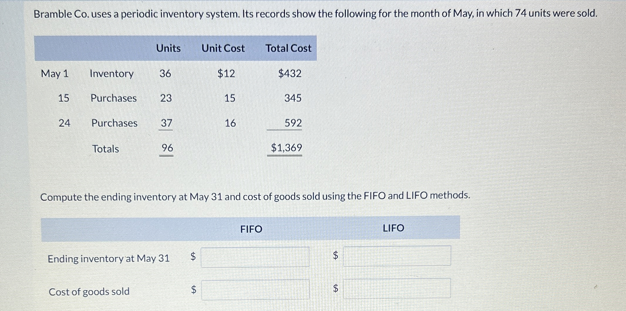  Bramble Co. uses a periodic inventory system. Its records show the