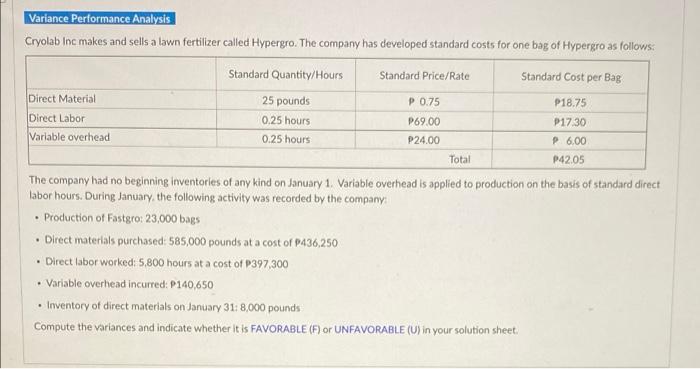 12. Answer with complete excel solutions please! Variance Performance Analysis Cryolab loc