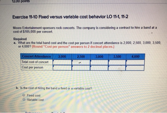  12.00 polnts Exercise 11-10 Fixed versus variable cost behavior LO 11-1,