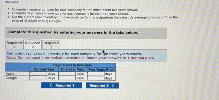 Google follow. Required: 1. Compute inventory turnover for each company for the