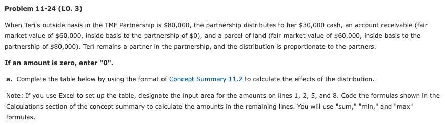 Problem 11-24 (LO. 3) When Teri's outside basis in the TMF
