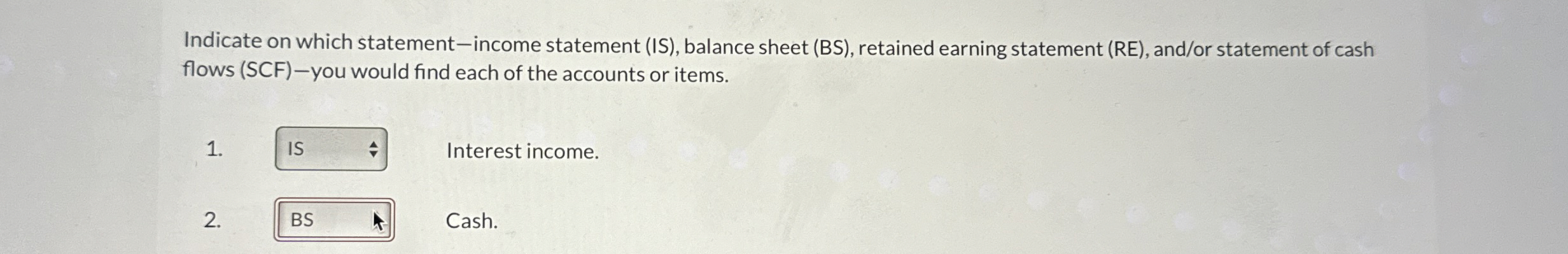  Indicate on which statement-income statement (IS), balance sheet (BS), retained earning