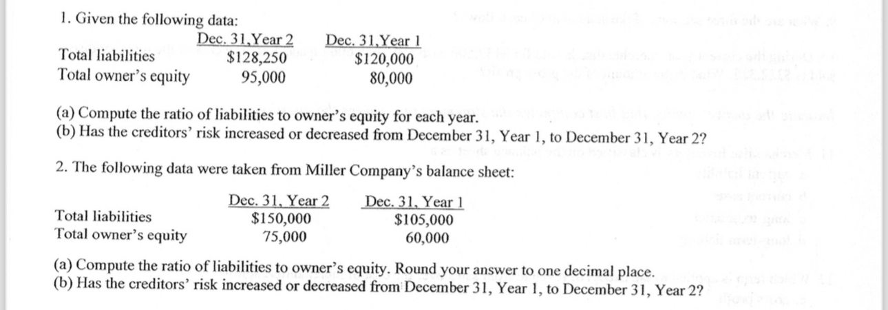  Given the following data: \table[[,Dec. 31,Year 2,Dec. 31,Year 1],[Total liabilities,$128,250,$120,000 