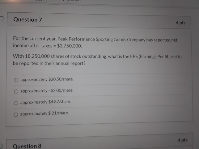  Question 7 4 pts For the current year, Peak Performance Sporting