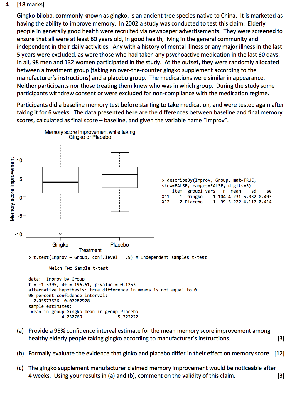  4. (18 marks) Gingko biloba, commonly known as gingko, is an