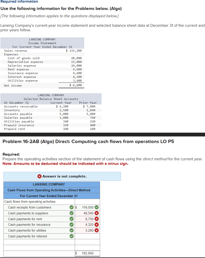  Problem 16-2AB (Algo) Direct: Computing cash flows from operations LO P5