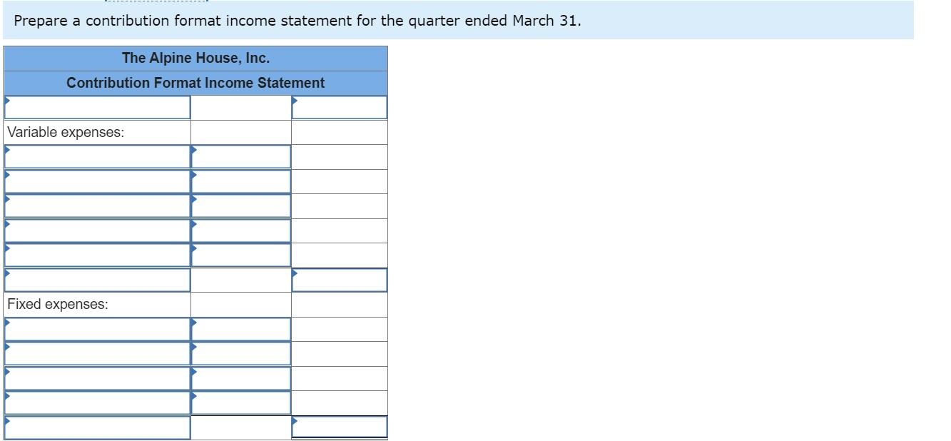 below for the quarter ended March 31: Required: 1. Prepare a traditional