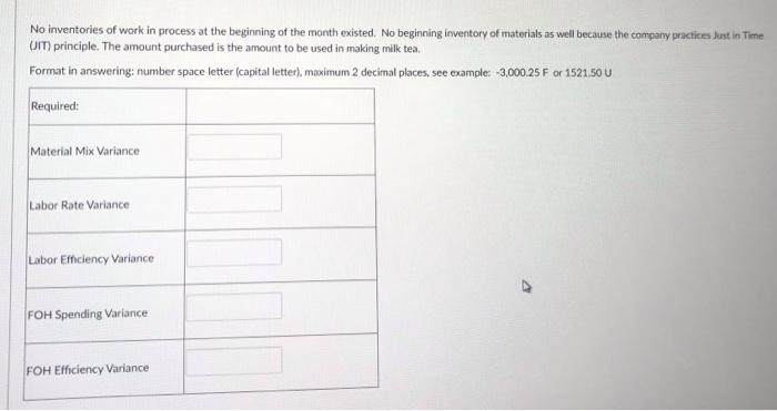 MILKTI uses standard cost system for its production of milk tea. Milk