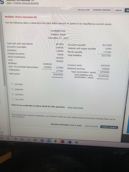  Help I System Announcements CALCULATOR PRINTER VERSION BACK NE Multiple Choice