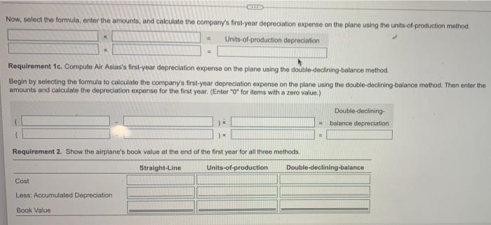 methods: a. Straight-line b. Units-of-production c. Double-declining-balance 2. Show the airplane's book