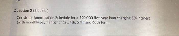  Question 2 (5 points) Construct Amortization Schedule for a $20,000 five-year