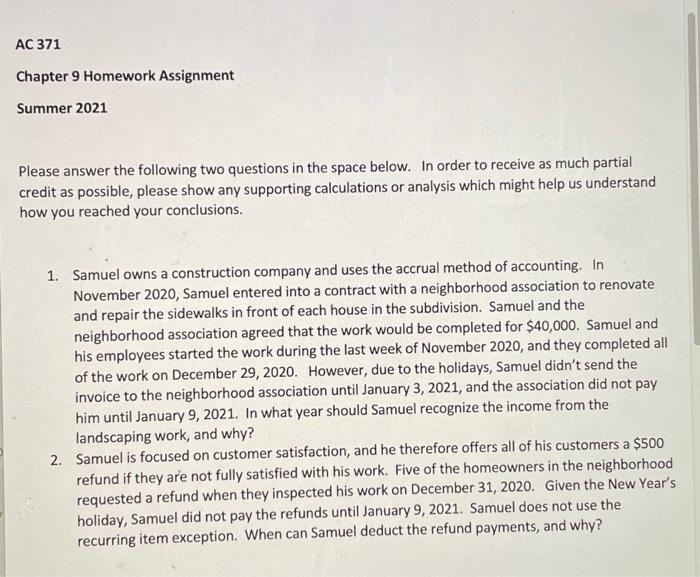 Using Proper US TAX RULES AC 371 Chapter 9 Homework Assignment Summer