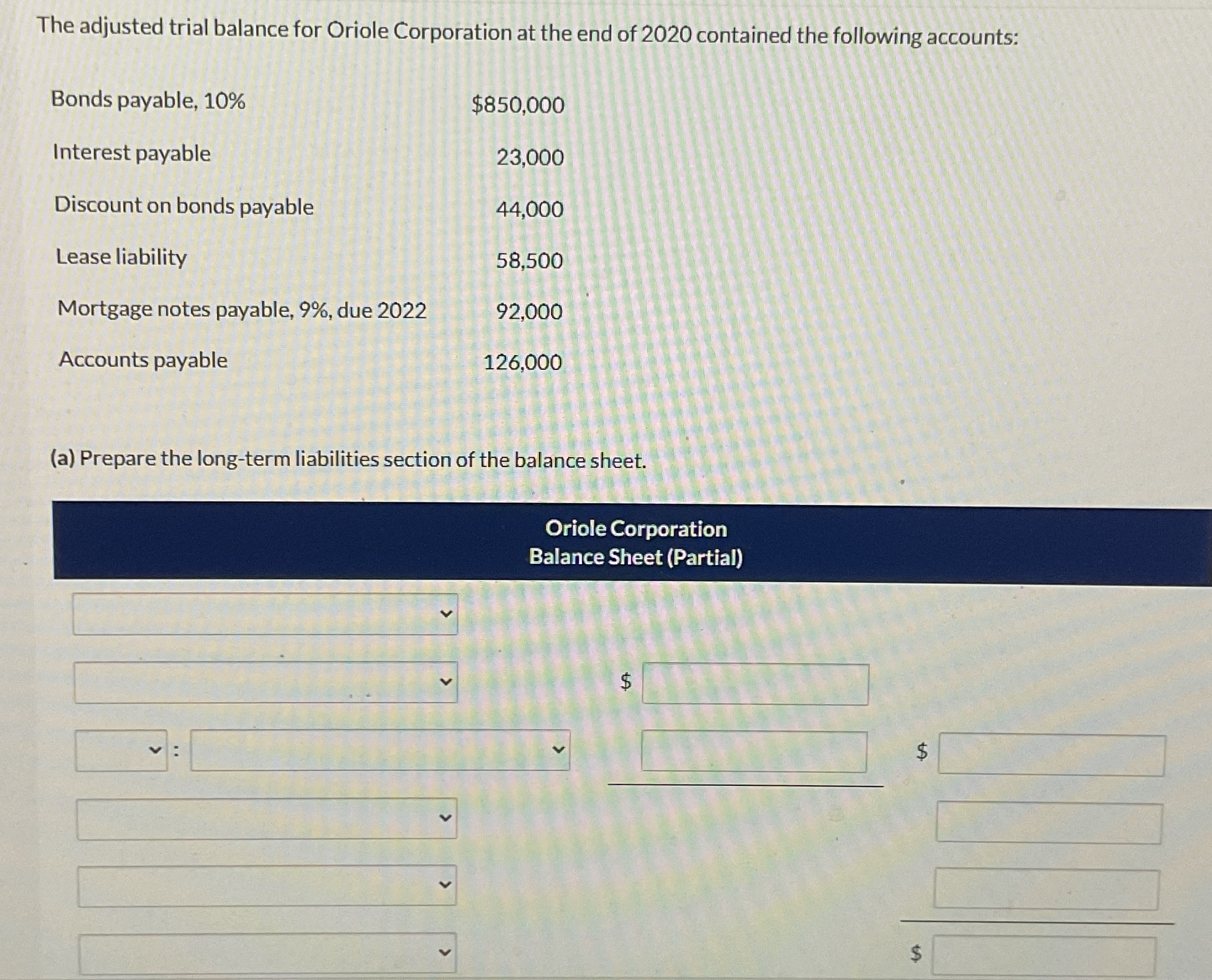  Oriole Corporation Balance Sheet (Partial) $ 