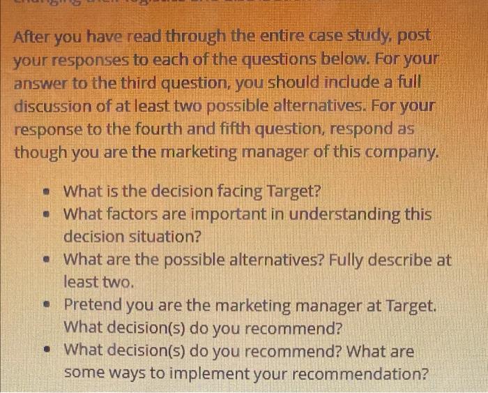  After you have read through the entire case study, post your