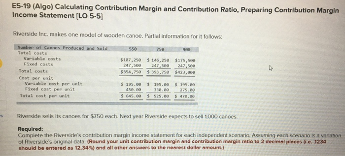  E5-19 (Algo) Calculating Contribution Margin and Contribution Ratio, Preparing Contribution Margin