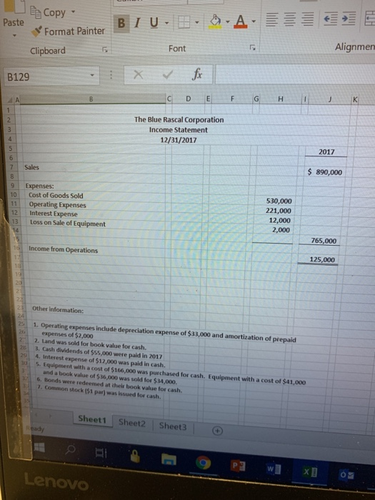  please help with statement of cash flows 2017 Paste BIU -