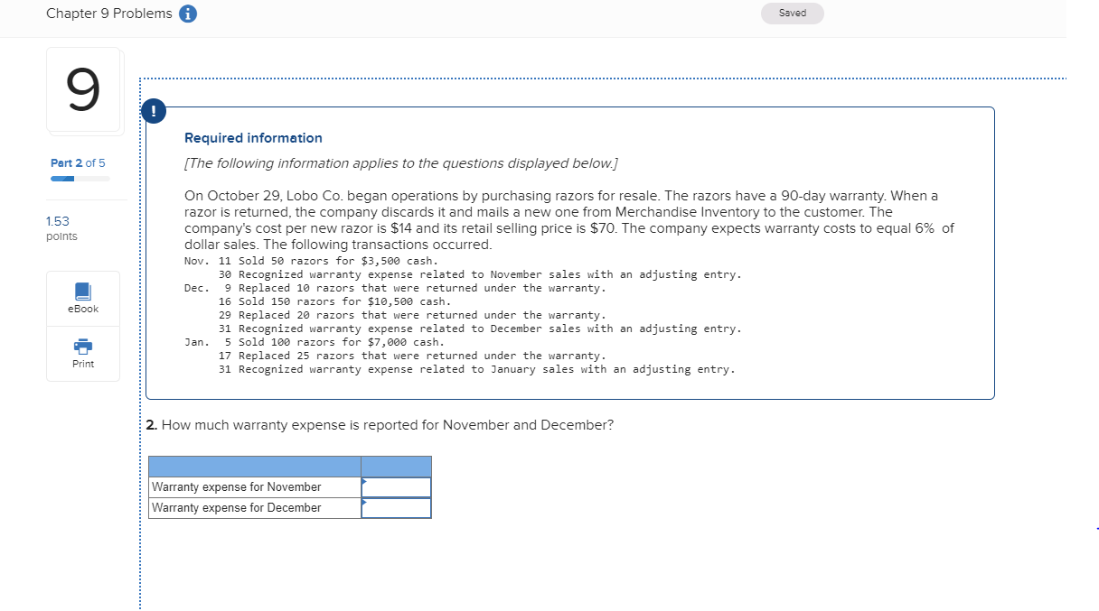 Chapter 9 Problems A Saved Required information [The following information applies
