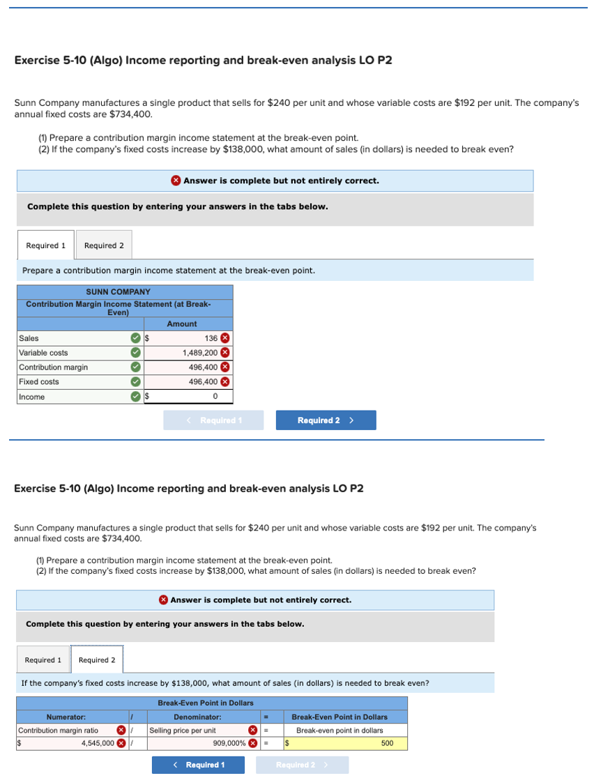  Exercise 5-10(Algo) Income reporting and break-even analysis LO P2 Sunn Company