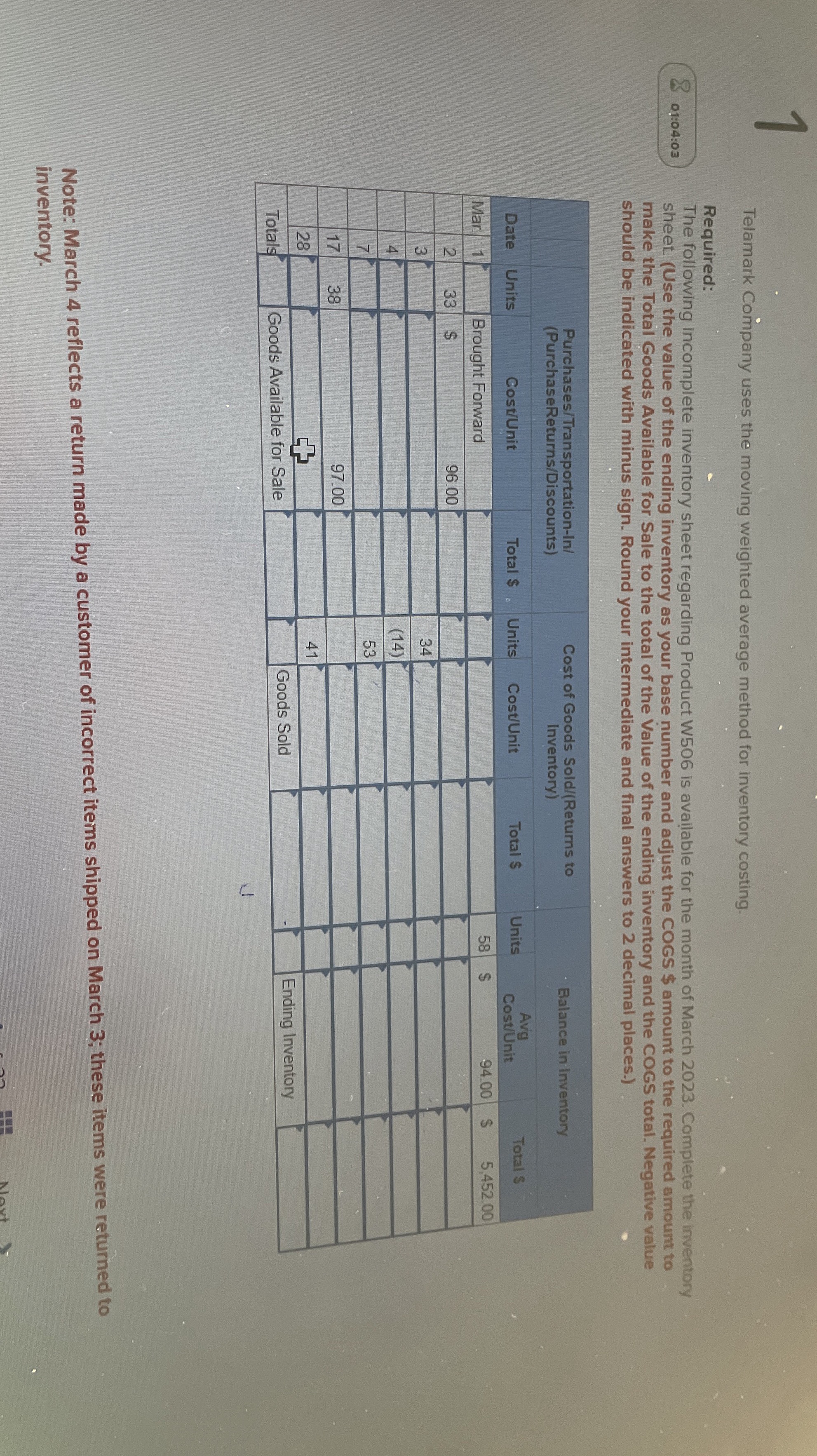  1 Telamark Company uses the moving weighted average method for inventory