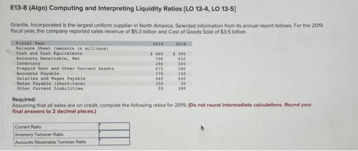 PLEASE SOLVE ASAP THANK YOU!!! E13-8 (Algo) Computing and Interpreting Liquidity Ratios