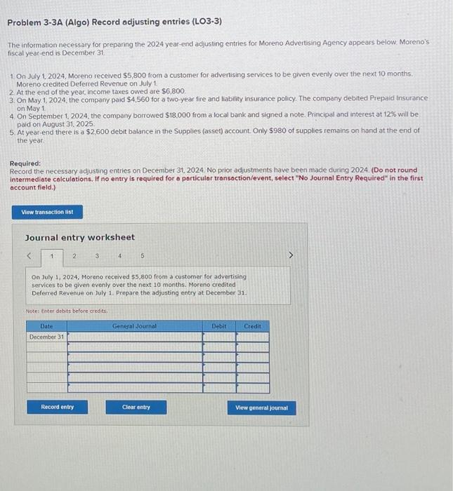 and so on Problem 3-3A (Algo) Record adjusting entries (LO3-3) The information
