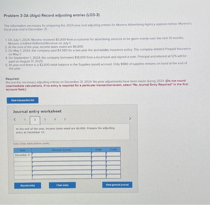 necessary for preparing the 2024 year-end adjusting entries for Moreno Advertising Agency