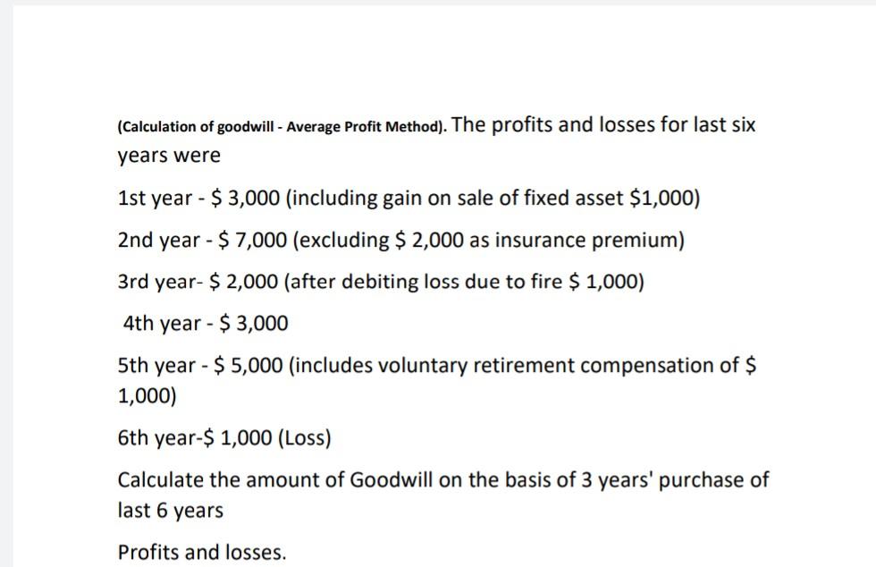  . (Calculation of goodwill - Average Profit Method). The profits and