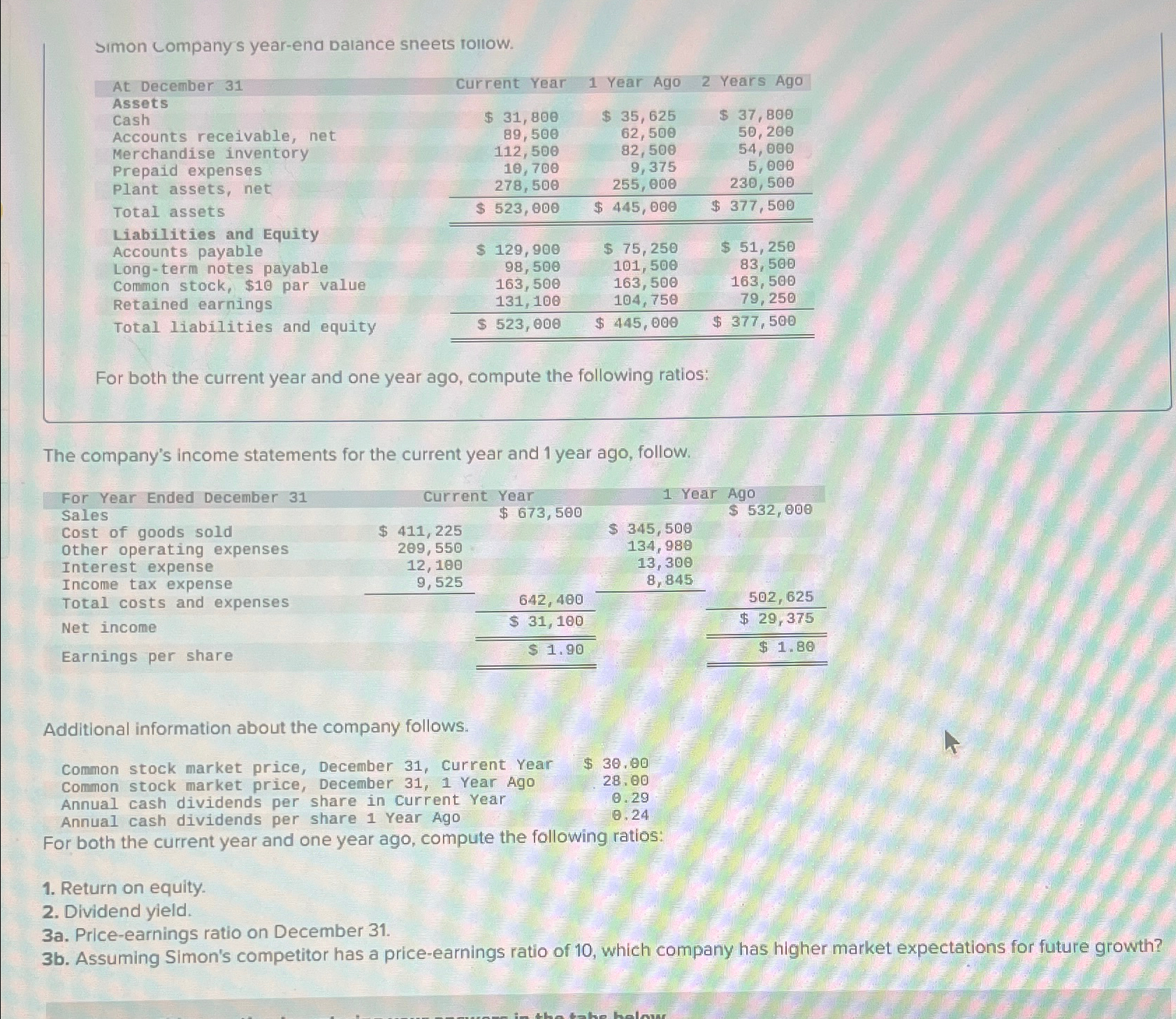  simon Companys year-end Dalance sneets rollow. \table[[At December 31,Current Year,1 Year
