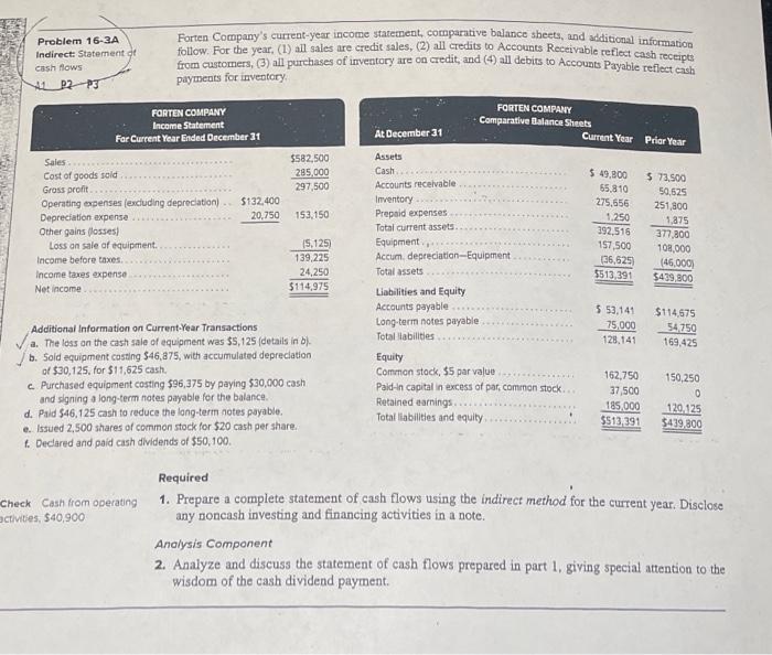 Prepare Cash Flows usunf the indirect method. Thank you! Problem 16-3A Indirect: