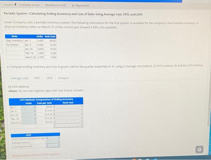 and LIFO Leven Company uses a periodic imentory system. The following information