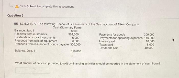  Click Submit to complete this assessment. Question 6 BE13.3 (1.01), AP