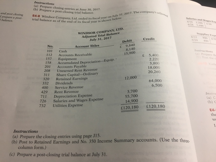  Help E4-8 Instructions (a) Prepare closing entries at June 30, 2017