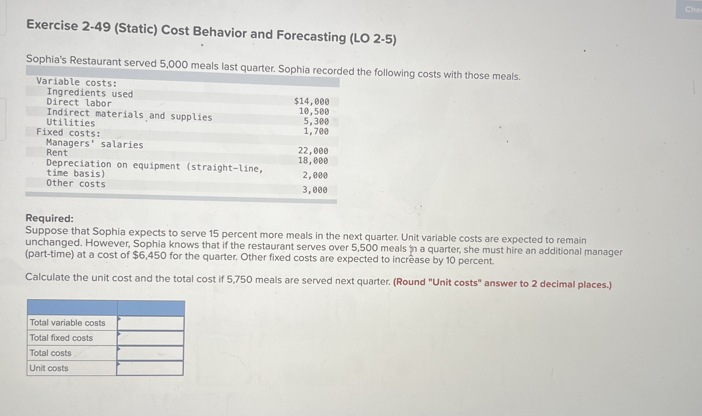  Exercise 2-49(Static) Cost Behavior and Forecasting (LO 2-5) Sophia's Restaurant served