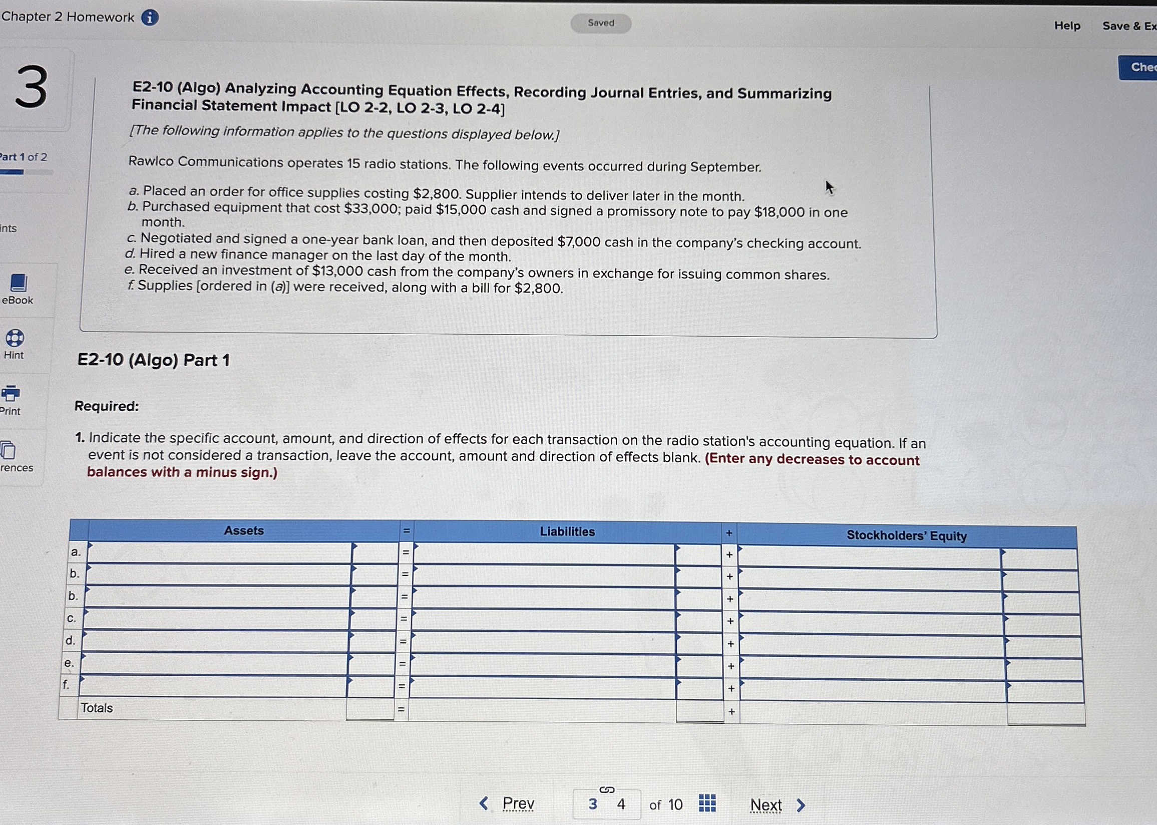  Chapter 2 Homework (i) Help Save & Ex E2-10(Algo) Analyzing Accounting