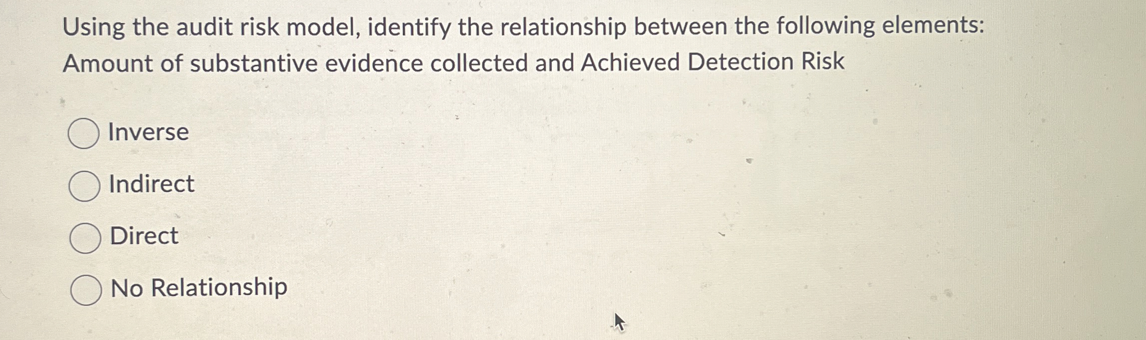  Using the audit risk model, identify the relationship between the following