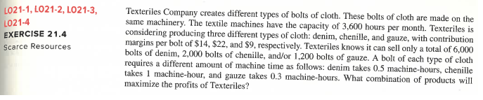  L021-1,L021-2,L021-3, L021-4 EXERCISE 21.4 Scarce Resources Texteriles Company creates different types